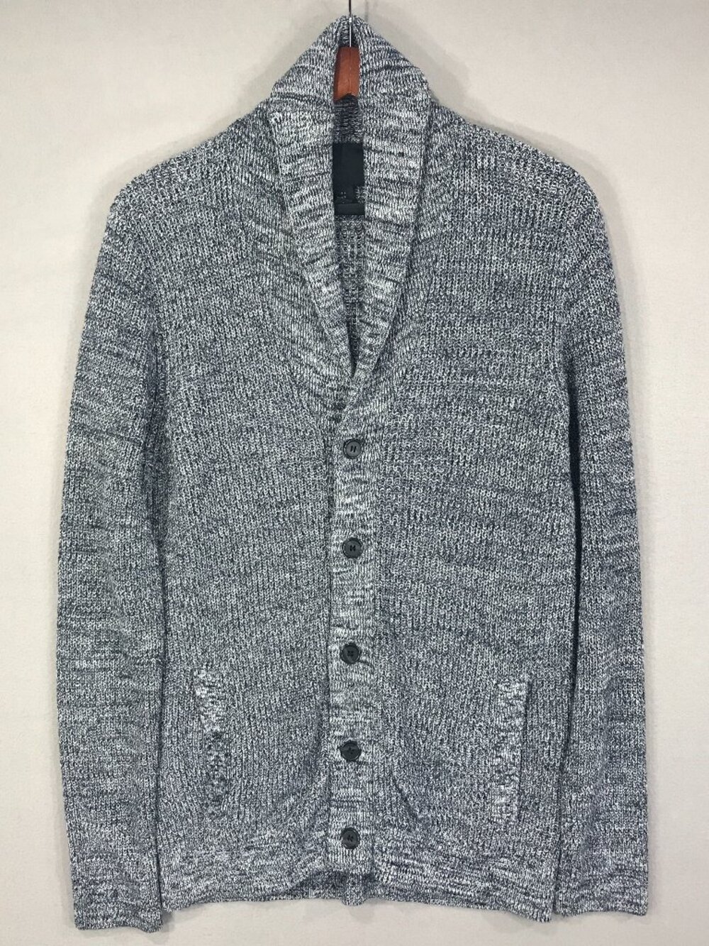 H&M Sweater Men’s Small Gray Knit Cardigan Shawl Neck LS Buttons Pockets Classic